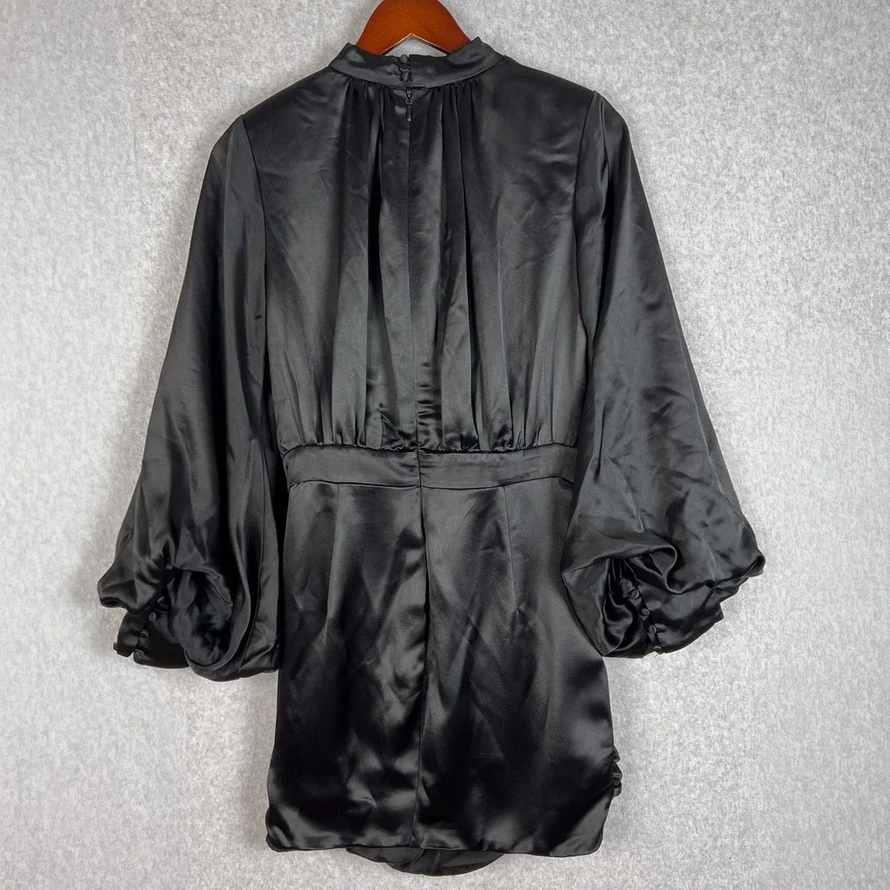House of CB Black Khristen Balloon Long Sleeve Blouson Satin Mini Dress Sz Large
